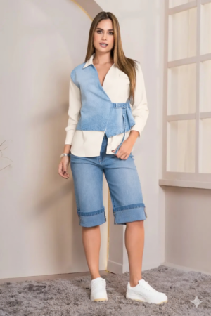 Camisa-B07025755-1 Camisa manga larga híbrida efecto chaleco cuello clásica silueta semi holgada sin elongación