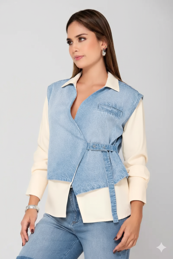 Camisa manga larga híbrida efecto chaleco cuello clásica  silueta semi holgada sin elongación