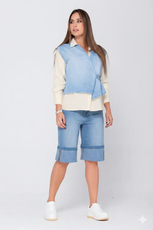 Camisa manga larga híbrida efecto chaleco cuello clásica  silueta semi holgada sin elongación