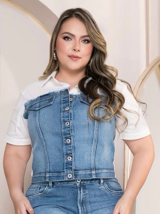 Camisa manga corta casual en denim combinado