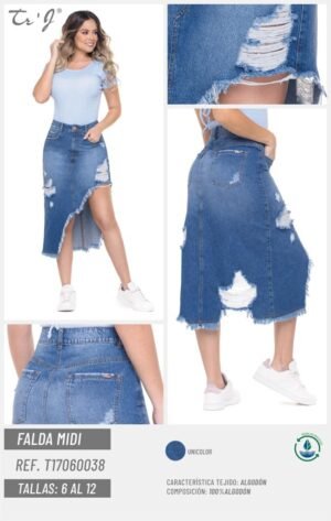 Falda-T17060038-1 Falda Midi Denim Destroyed 100% Algodón – Corte Moderno