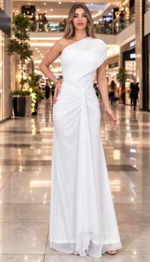 Vestido Éter Blanc – Asimetría & Drapeado que Enamoran