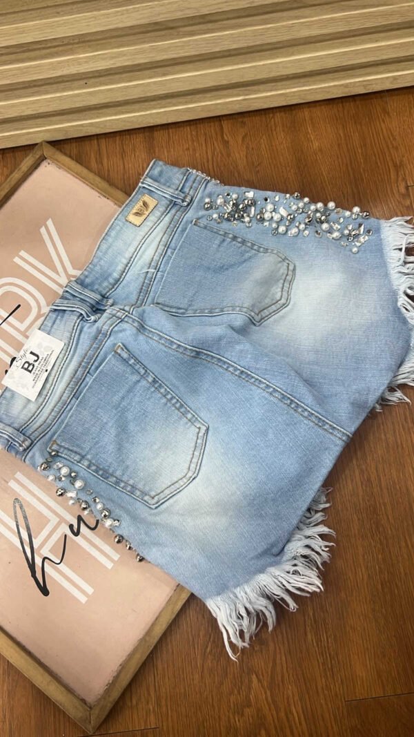 Short Denim Glam - Sexy Destroyer con Pedrería y Perlas Azul Claro