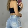 Short Denim Glam - Sexy Destroyer con Pedrería y Perlas Azul Claro